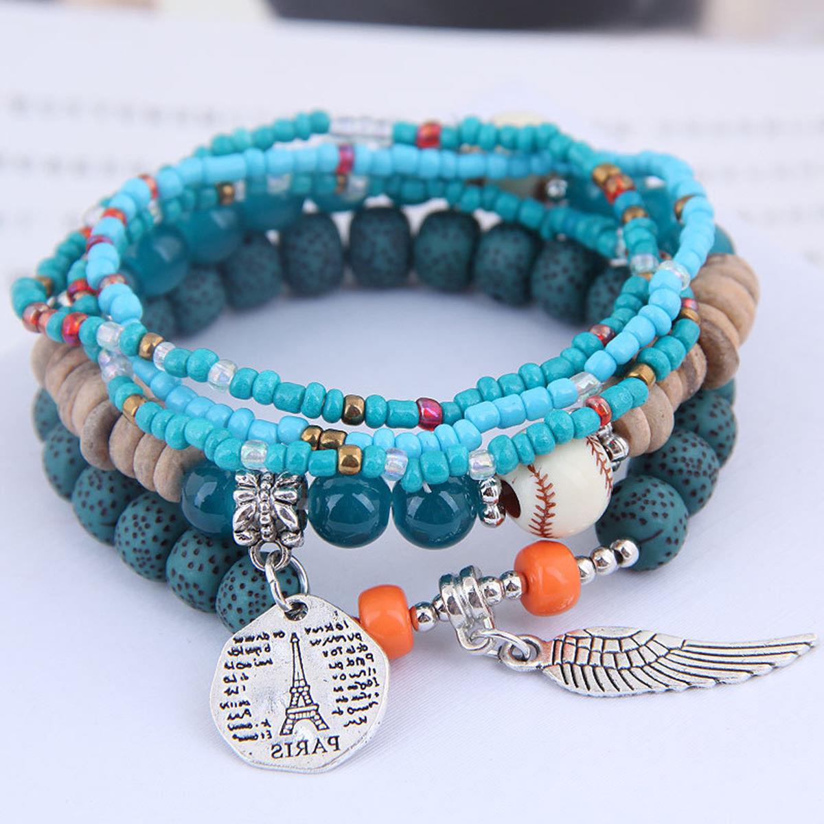 Wholesale Bohemian Ethnic Style Angel Wings Letter Alloy Pendant Beaded Bracelet Five-piece Set